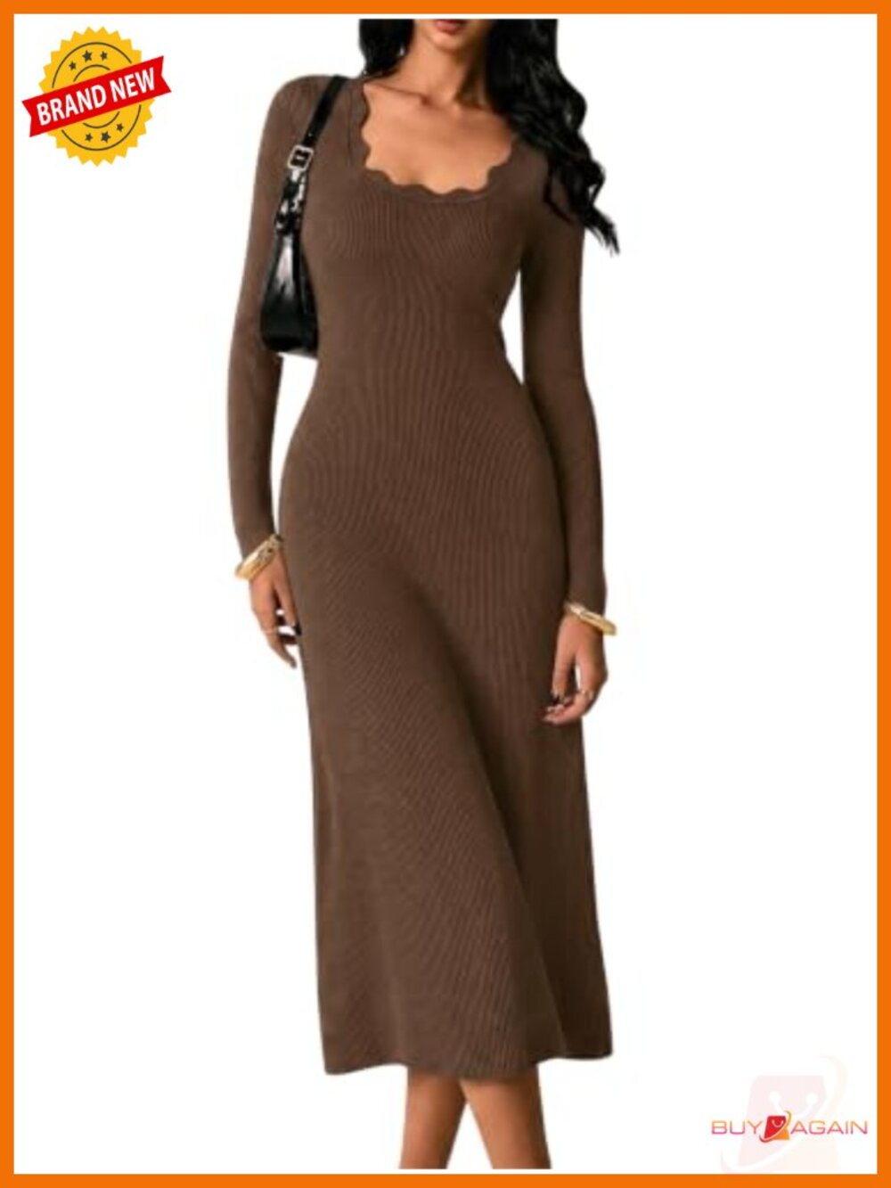 Long Sleeve Fitted Ribbed Knit Midi Sweater Dress Scalloped Square Neck
